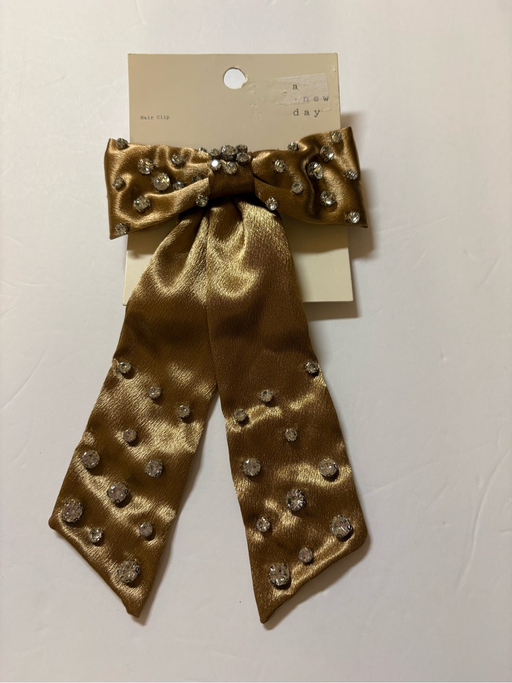 a new day Gold Satin Bow Ribbon Hair Clip with Crystal Dots